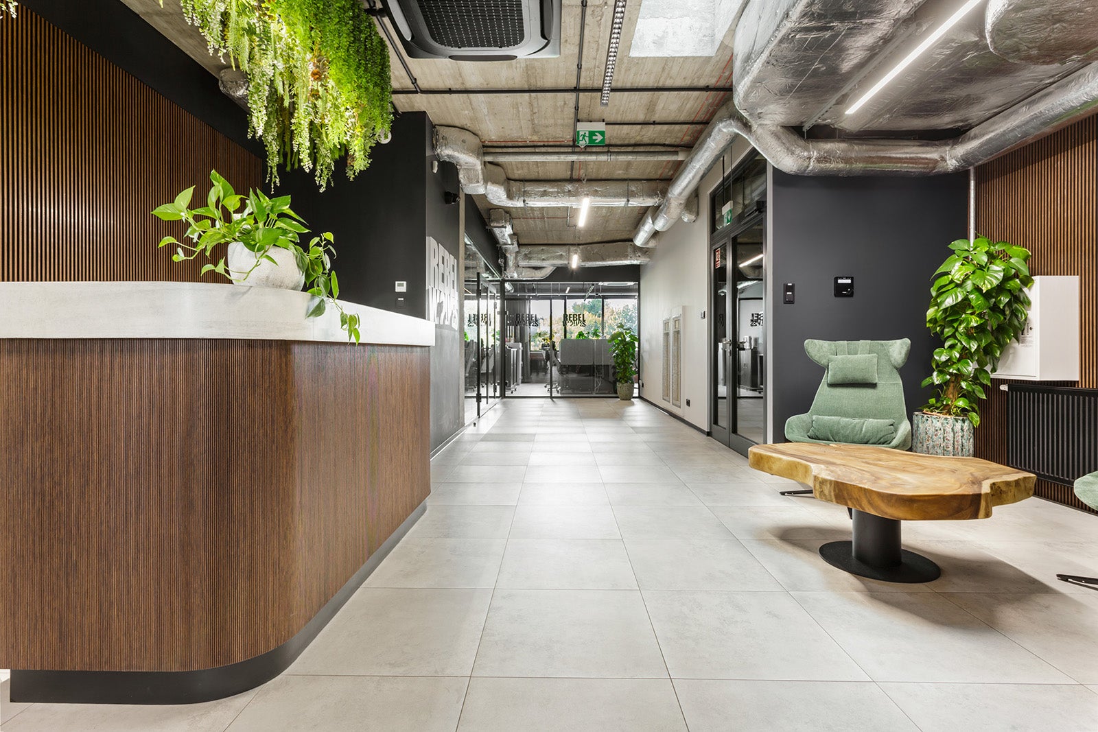 A reception area in a modern office with wood and greenery and glass walls. It's Rebel Wolves' office in Poland, the studio making The Blood of Dawnwalker.