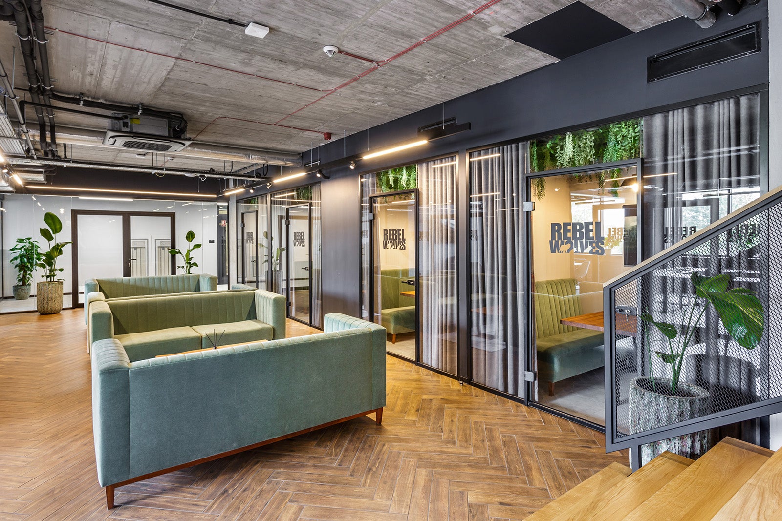 Green sofas and glass walls in the inside of a modern-looking office. It's Rebel Wolves' office in Poland, the developer of The Blood of Dawnwalker.