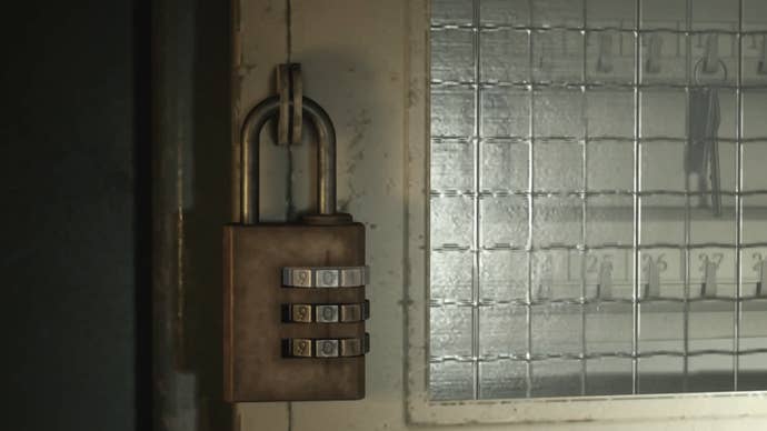 Close up of the padlock at the Reception Office of Brookhaven Hospital in Silent Hill 2.