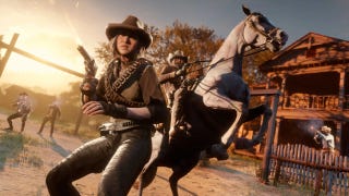 Red Dead Online screenshot showing a cowgirl with gun drawn next to a bucking horse.