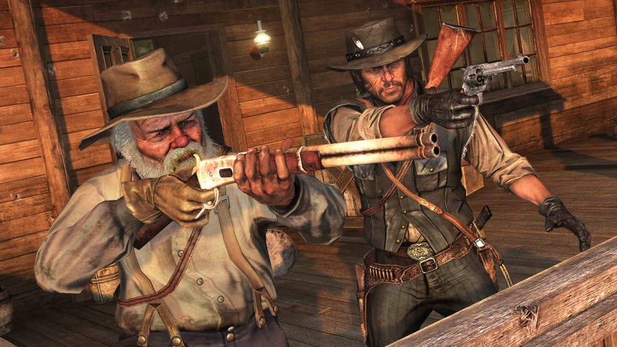 John Marston and a beardy cowboy aiming guns in Red Dead Redemption for PC