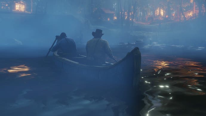 Red Dead Redemption 2 screenshot showing two men on a boat. It is evening, and a mist is settling around them