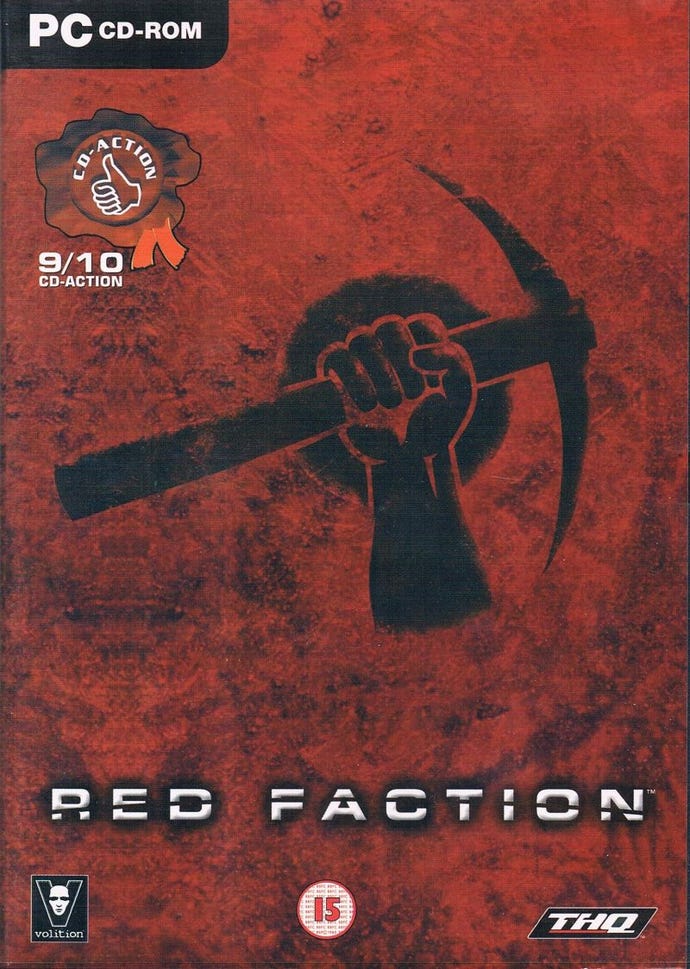 The logo art for the original Red Faction on PC, showing a stencil of a hand gripping a pickaxe