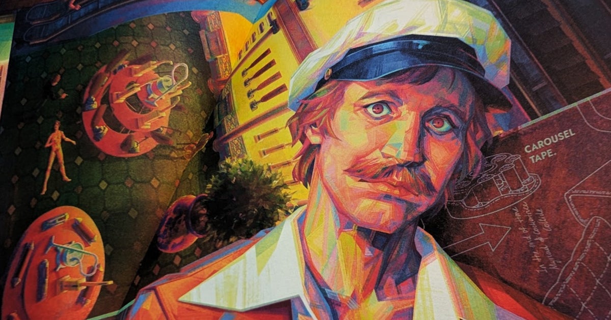 Redrick Rooster, as he appears in Red Red Rooster, in psychedelic colours over an image of him lying naked in a living room.