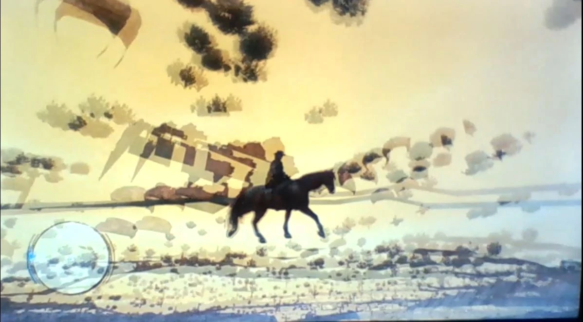 A terrain error in Red Dead Redemption which makes the character appear to be riding through the air against a backdrop of smudgy, overlapping objects