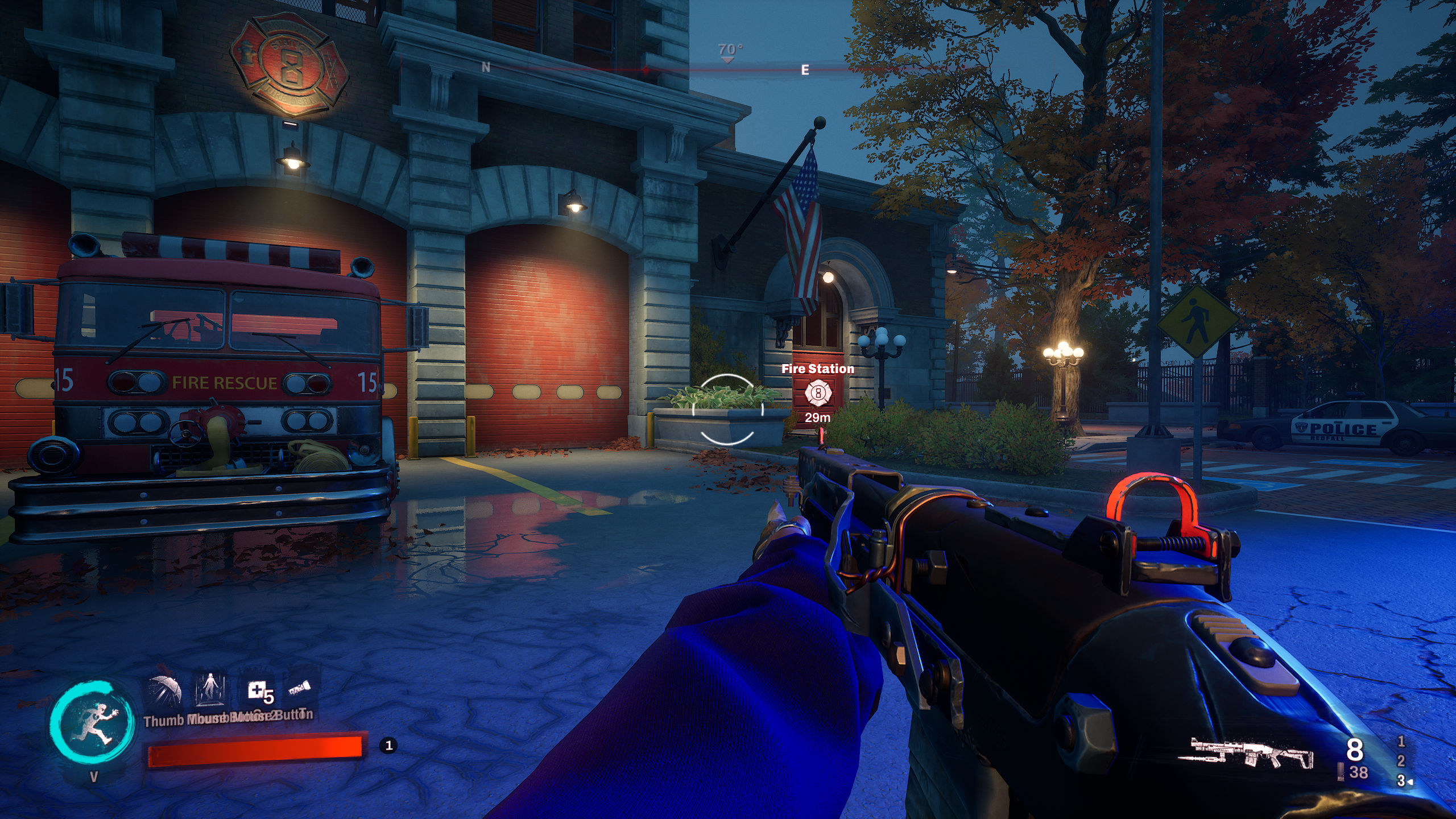 The exterior of Redfall&rsquo;s fire station base, with the game running on Epic quality.