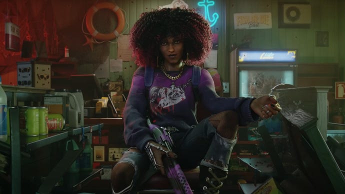 Redfall screenshot showing Remi in the center of the image, sat on a chair and staring at the camera.