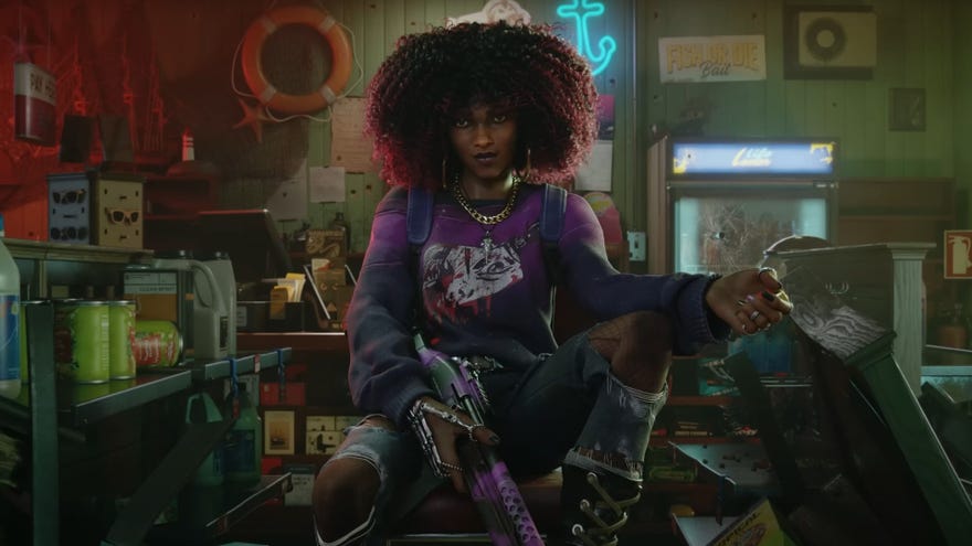 Redfall screenshot showing Remi in the center of the image, sat on a chair and staring at the camera.