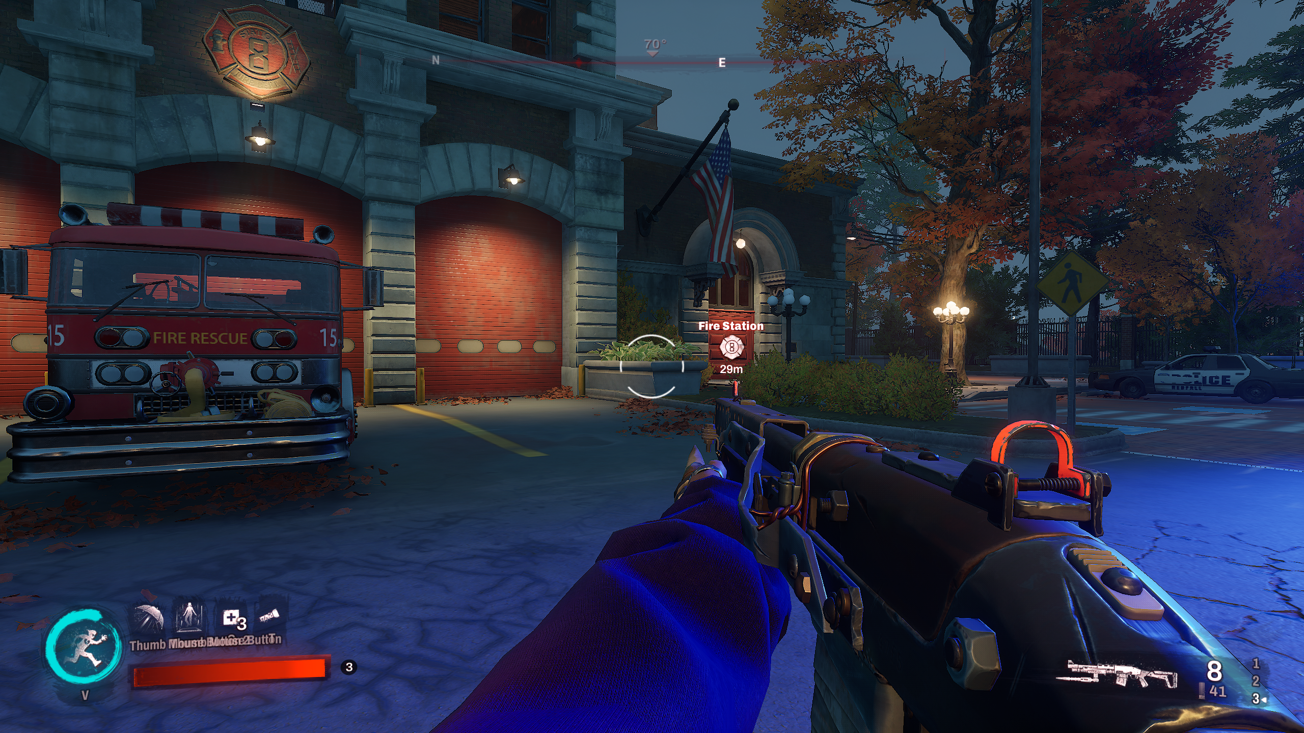 The exterior of Redfall&rsquo;s fire station base, with the game running on Low quality.