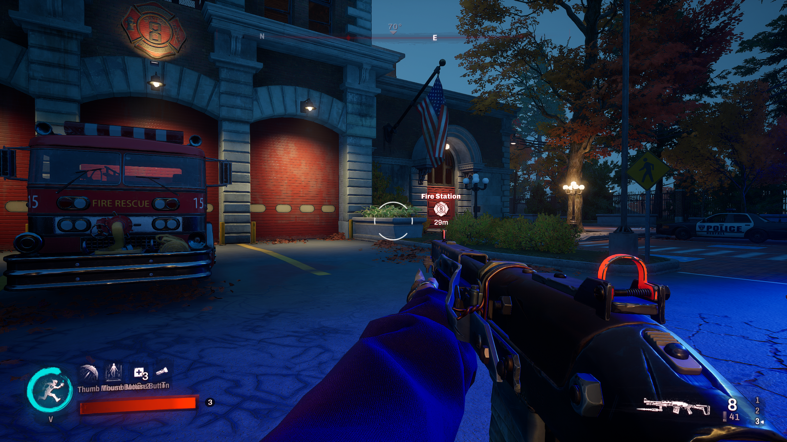 The exterior of Redfall&rsquo;s fire station base, with the game running on Medium quality.