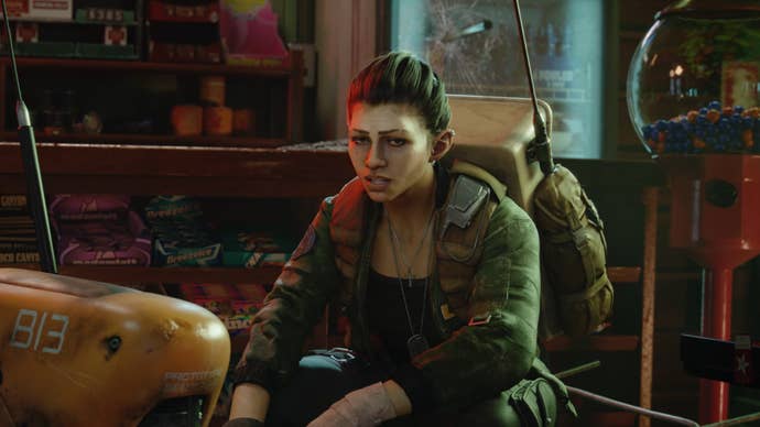 Redfall image showing Remi fixing a robot while crouched down and staring at the camera.