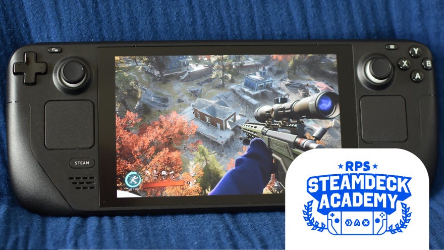 Redfall running on a Steam Deck. The RPS Steam Deck Academy logo is added in the bottom right corner.