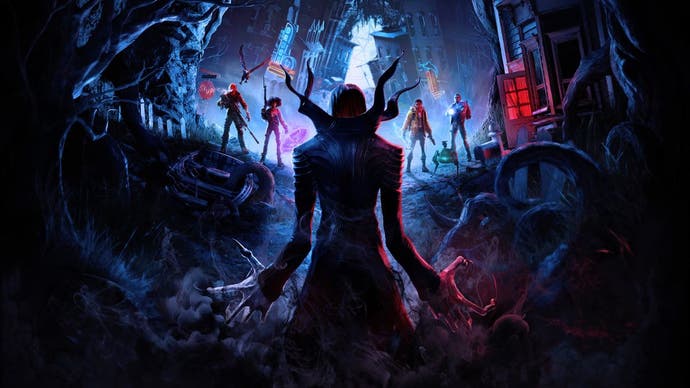 Promotional artwork for Redfall showing a vampire emerging from a pit with his back to the camera. Four heroes gather in the distance ready to fight.