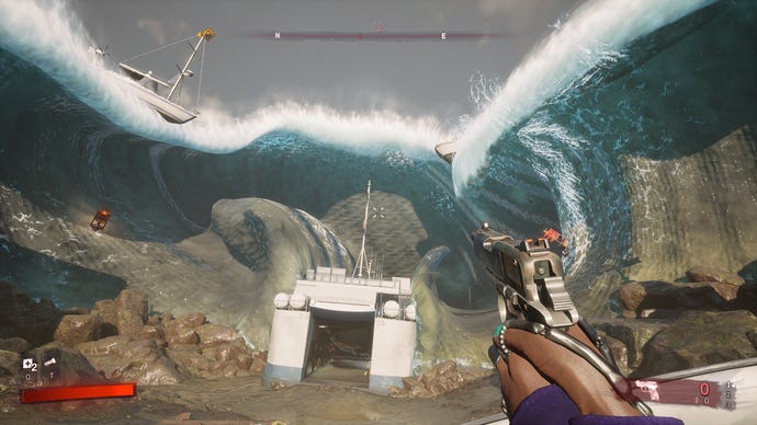 Looking out at a mystically frozen ocean in Redfall, with several boats caught up in a suspended tidal wave.