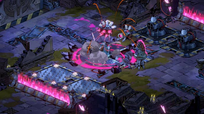 Clef faces a barrage of explosive attacks from robotic foes in Reignbreaker.