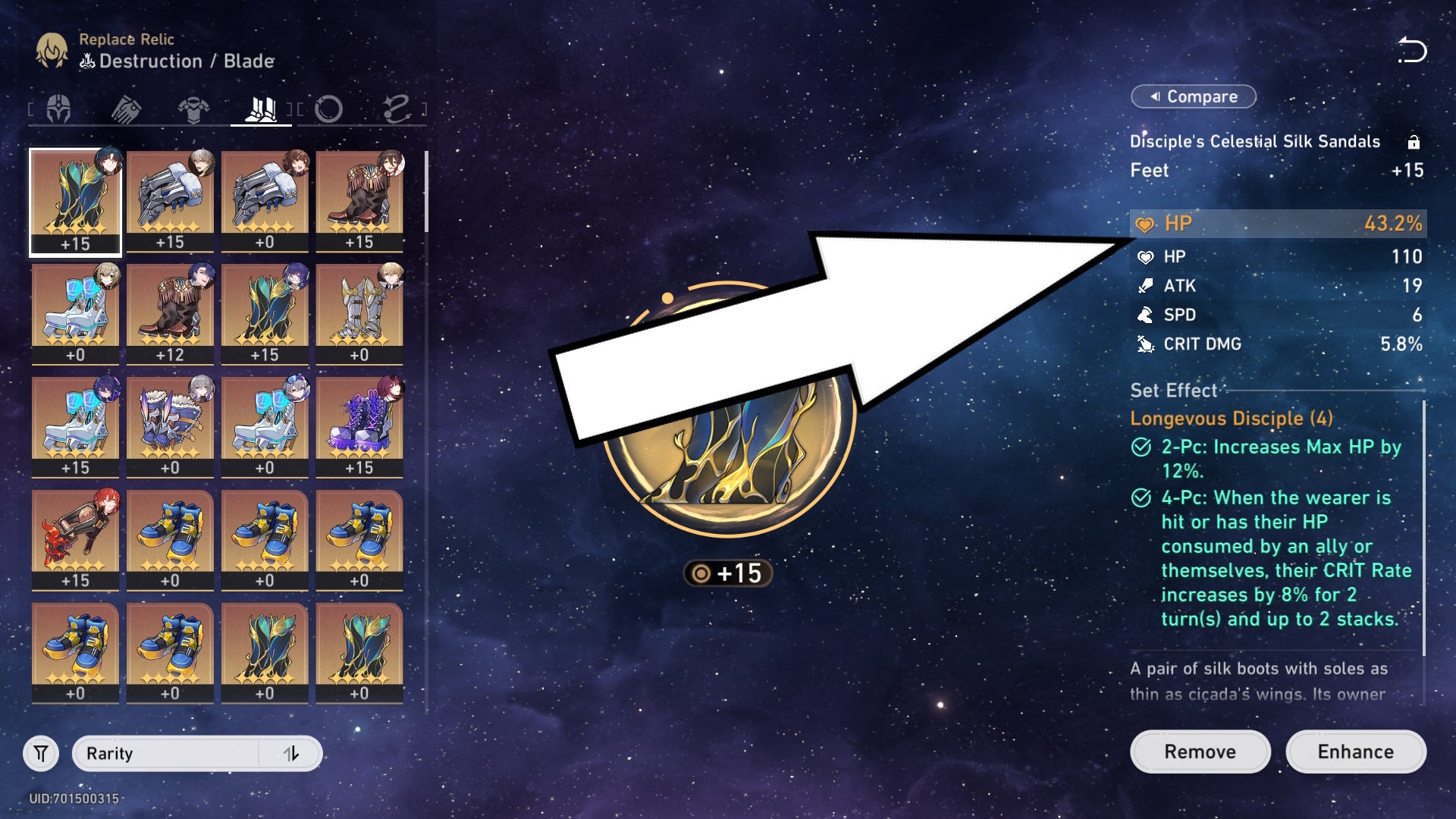 menu of relics showing a singular pair of boots'  stats and buff effects on the right hand side with a white arrow pointing to its main stat which is HP