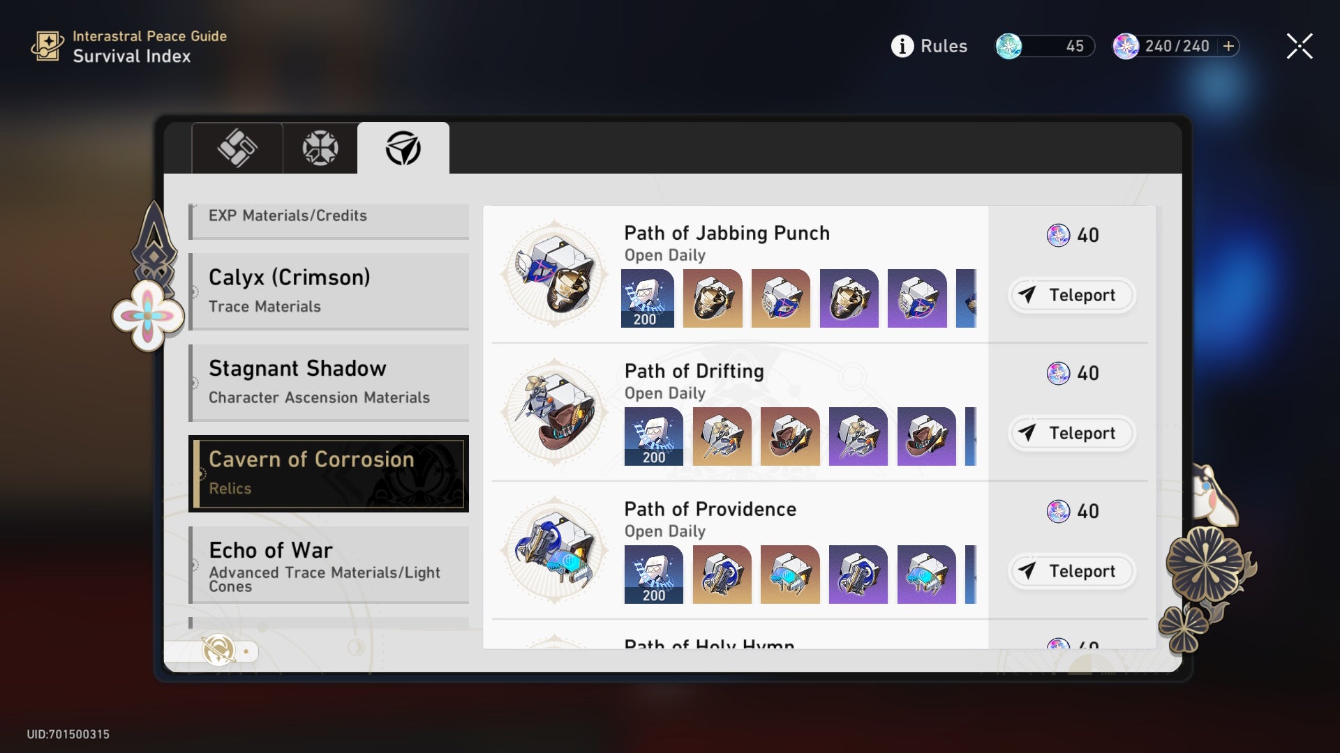 menu of the cavern of corrosion selection with their rewards dispalyed beside their names on the right hand side