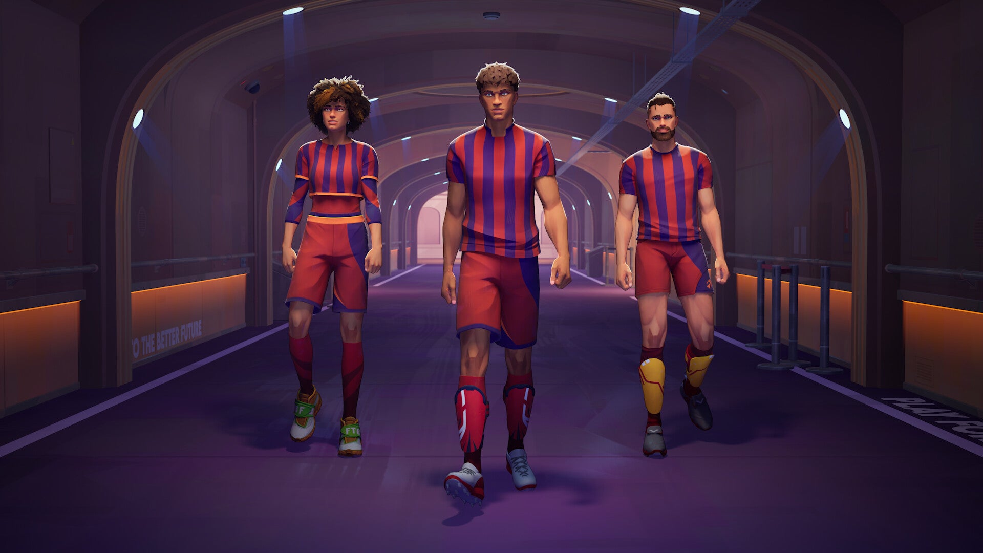 Three footballers walk through the pitch tunnel in Rematch.