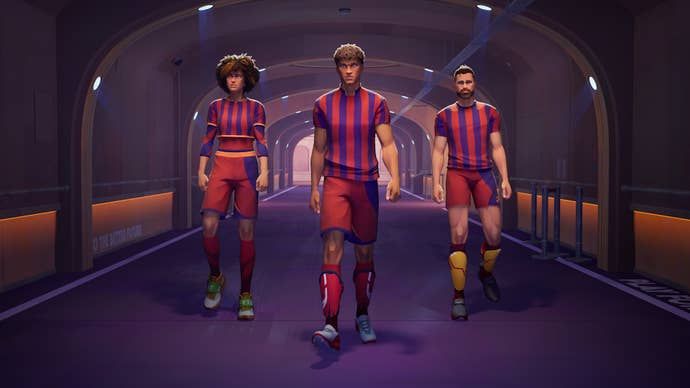 Three footballers walk through the pitch tunnel in Rematch.