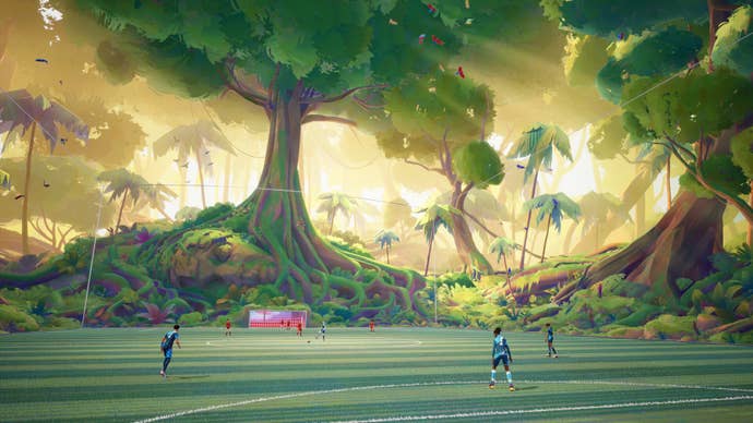Footballs play in the shadow of a giant tree in Rematch.