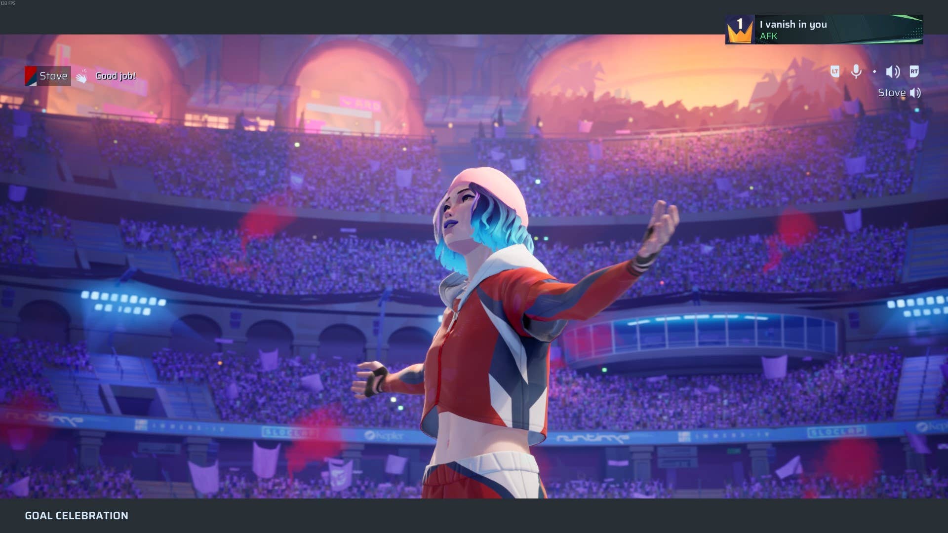 A rematch player celebrates a goal.