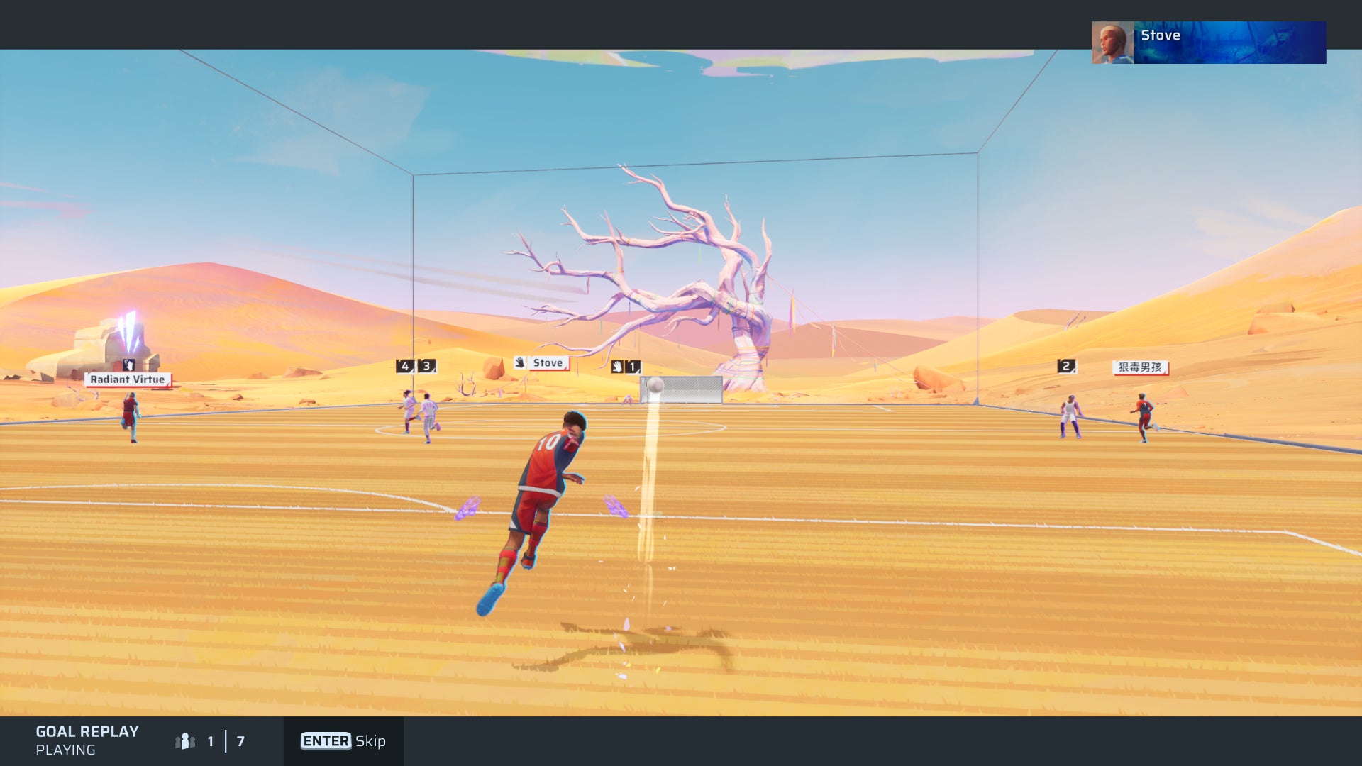 A replay of a goalkeeper's long-range goal in Rematch. - 4