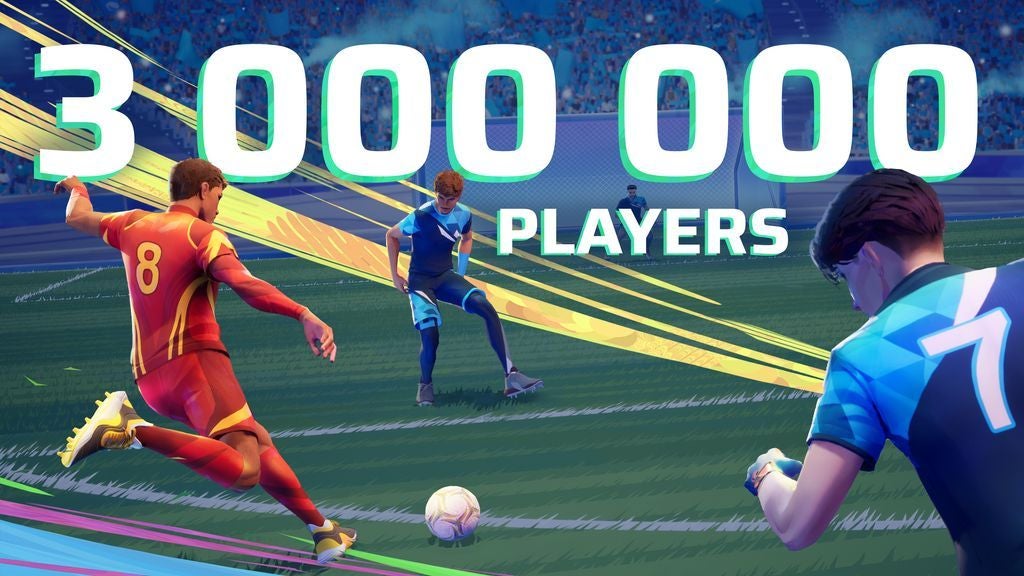 Rematch infographic celebrating three million players. 300000 is written across a football pitch with two teams playing on it