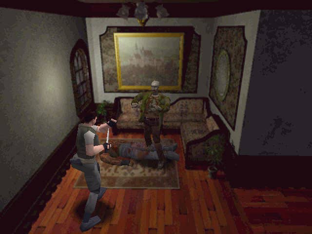 Chris Redfield shoots a zombie in Resident Evil (1996)