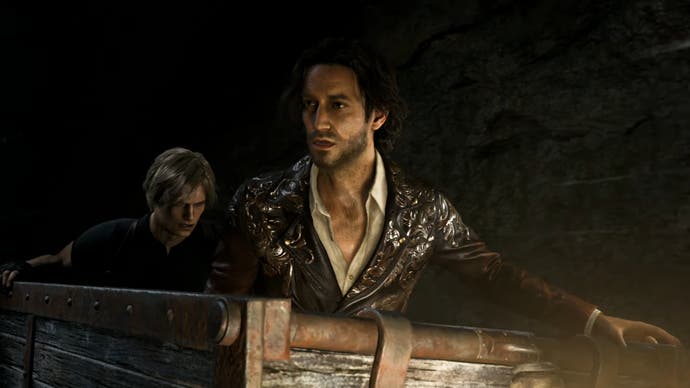 Luis and Leon in a mine cart in Resident Evil 4