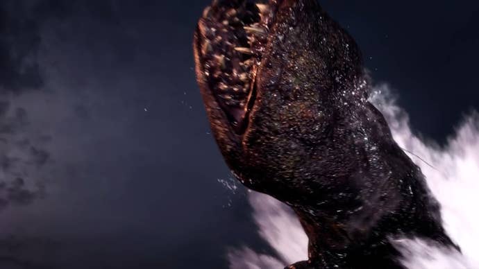 A huge lake monster soars through the air in the Resident Evil 4 remake