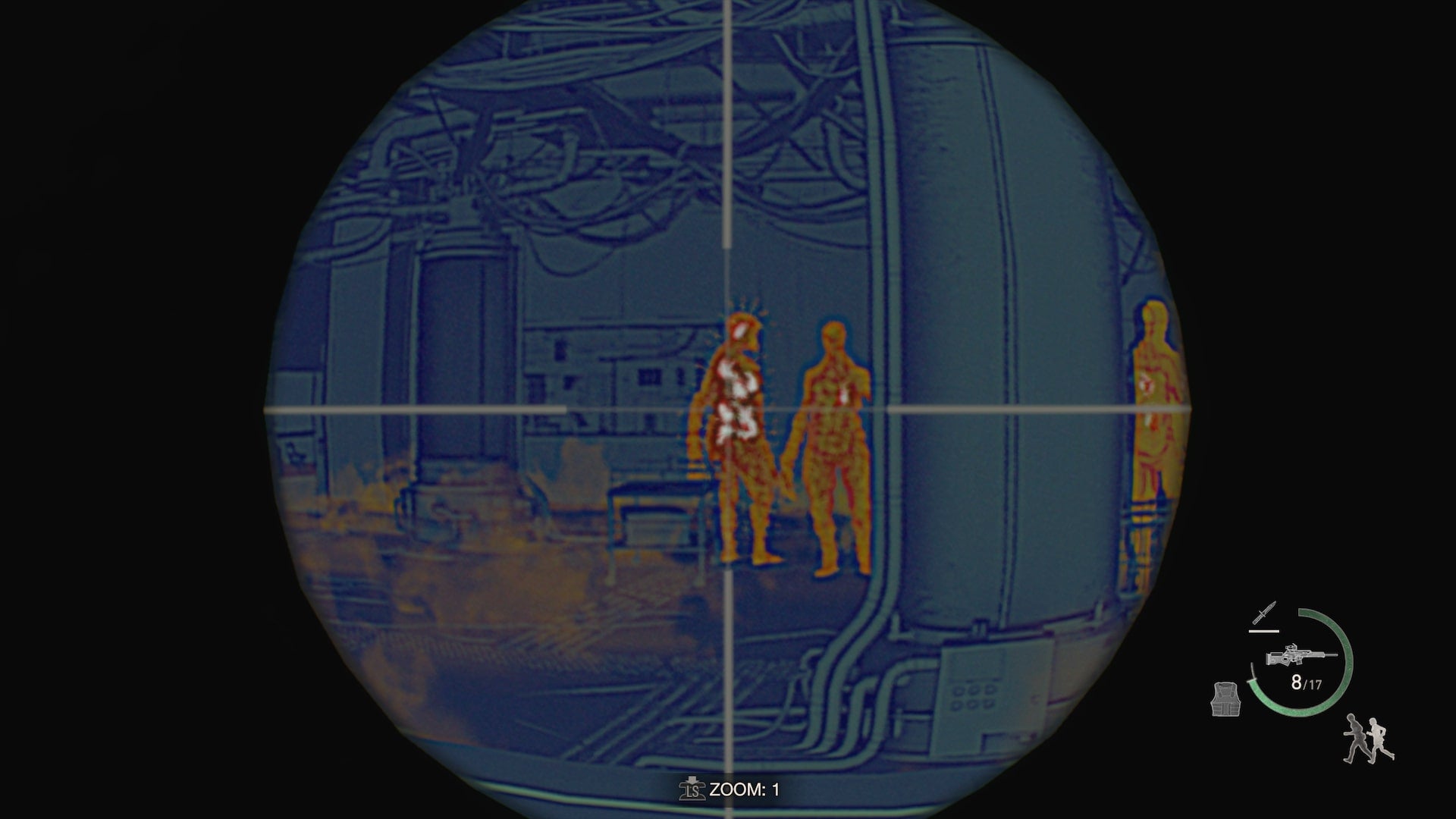 Leon aims down the biosensor scope at an Iron Maiden during the Wandering Dead side quest in Resident Evil 4 Remake