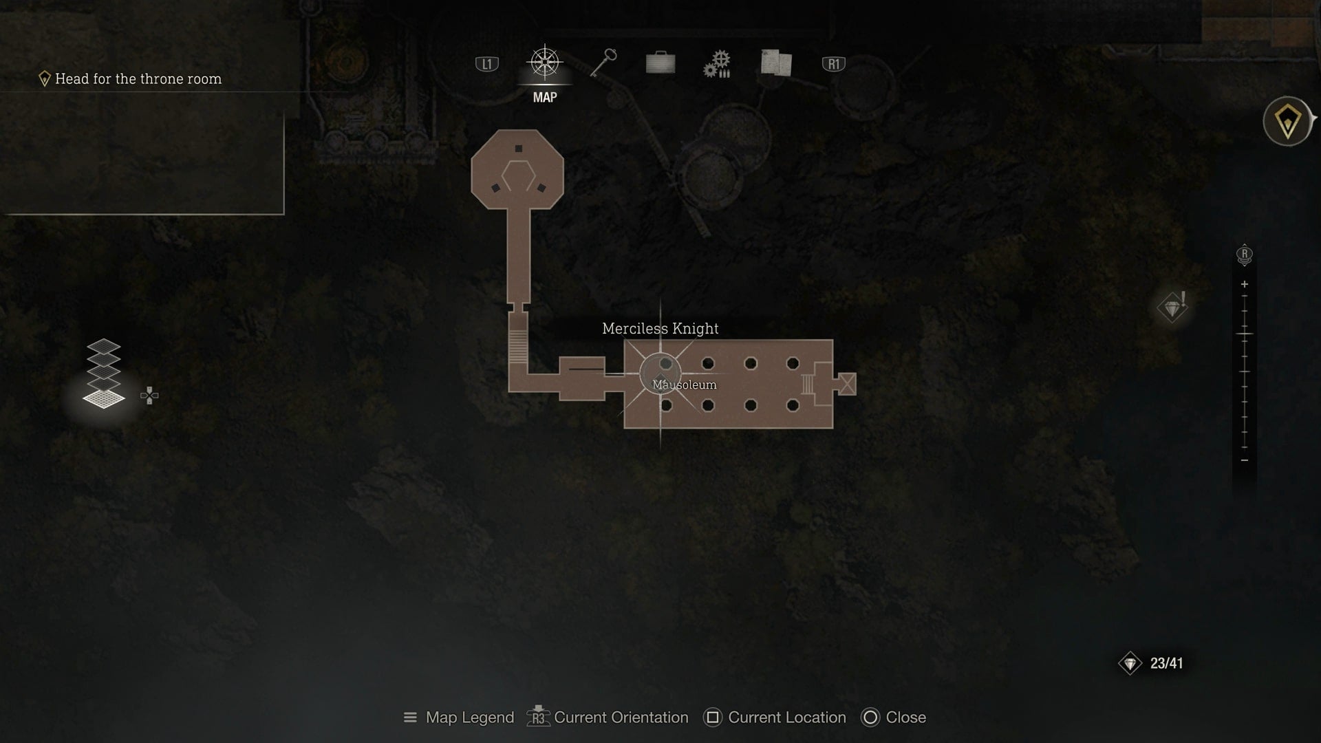 A map of the Mausoleum, showing the location of the Merciless Knight in Resident Evil 4 Remake