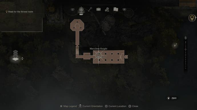 A map of the Mausoleum, showing the location of the Merciless Knight in Resident Evil 4 Remake
