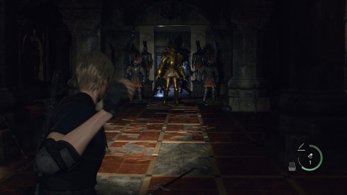 Leon aims to throw a grenade at the Merciless Knight in Resident Evil 4 Remake