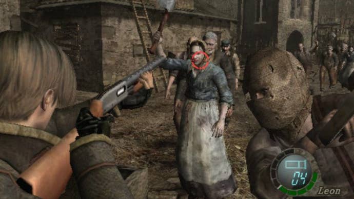 Leon Kennedy aims at a Ganado in Resident Evil 4 Wii Edition