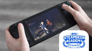 Resident Evil 4 remake being played on a Steam Deck. The RPS Steam Deck Academy logo is added in the bottom right corner.