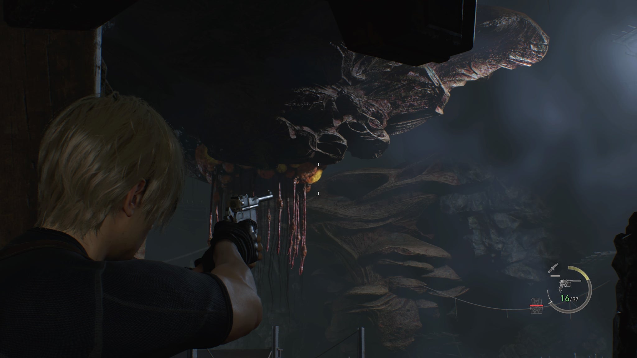 Leon aims at an insect hive entrance in Resident Evil 4 Remake - 6