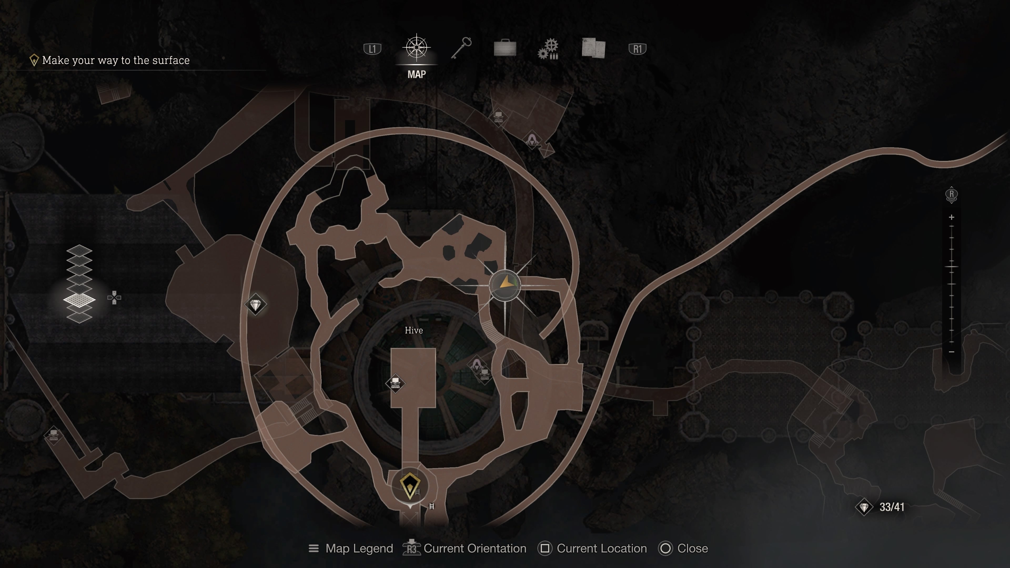 A map of the Hive in Resident Evil 4 Remake showing where the insect hive entrances are