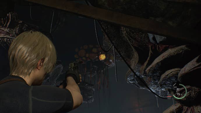 Leon aims his gun at an insect hive entrance in Resident Evil 4 Remake