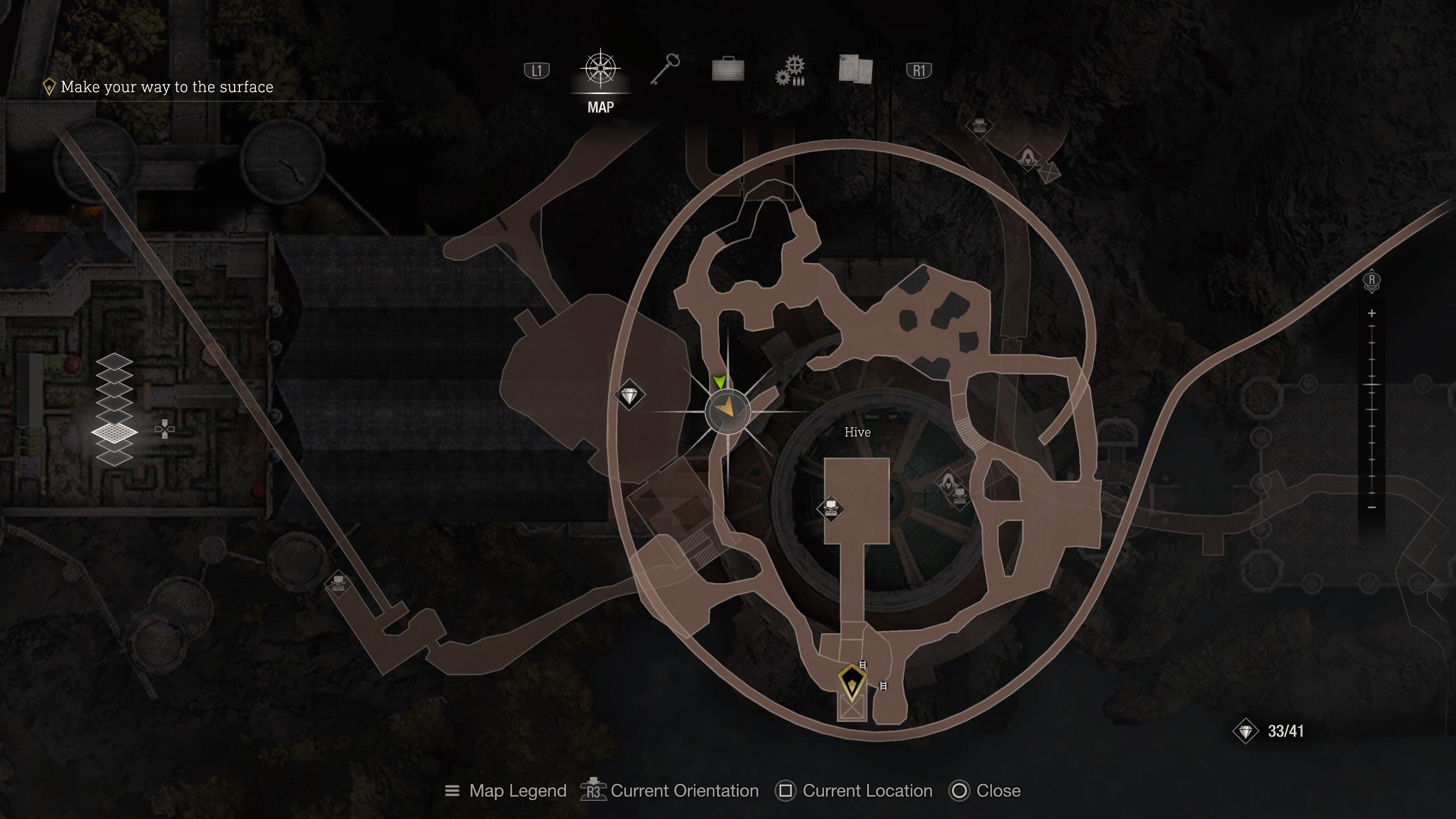 A map of the Hive in Resident Evil 4 Remake, showing an insect hive entrance