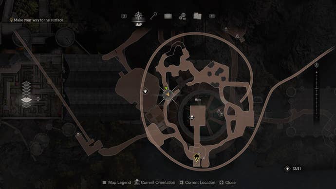 A map of the Hive in Resident Evil 4 Remake, showing an insect hive entrance