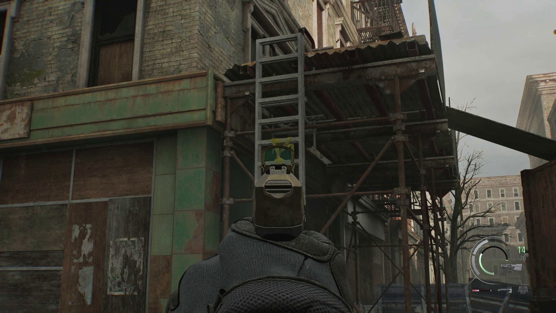 Leon aims at a ladder in Resident Evil Requiem.
