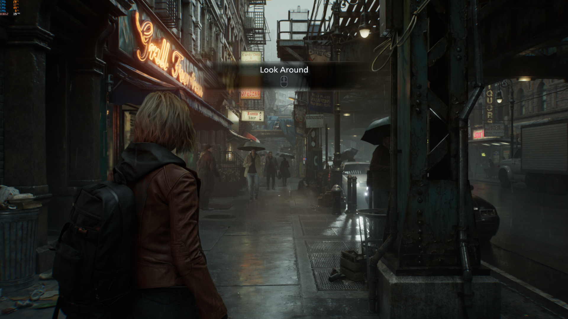 A busy street in Resident Evil Requiem with path tracing enabled.