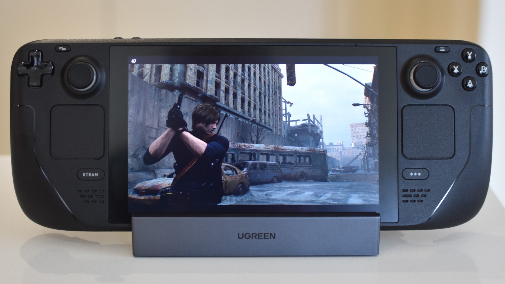 Leon stands in the ruins of Raccoon City in Resident Evil Requiem, running on a Steam Deck.