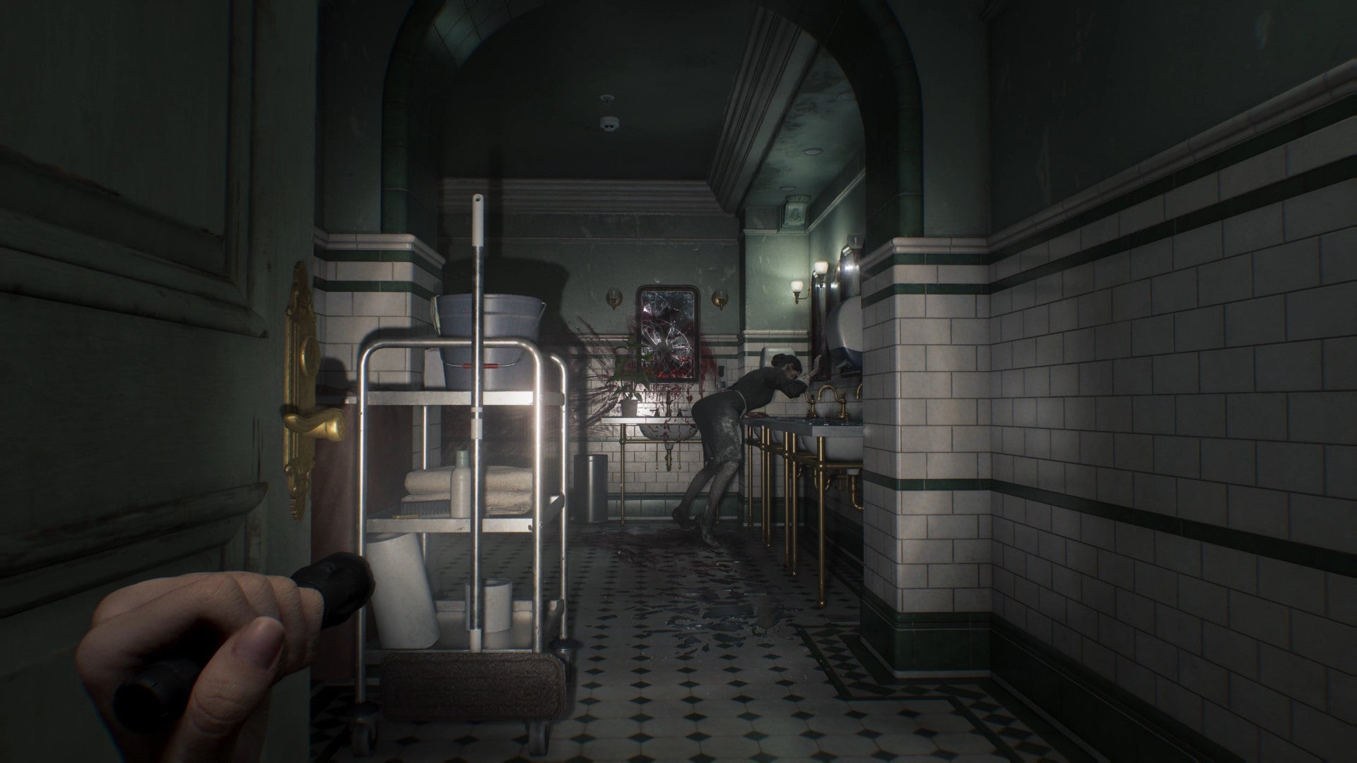 Grace observes a custodian zombie continuing to wipe gore from a bathroom mirror in Resident Evil Requiem. - 7