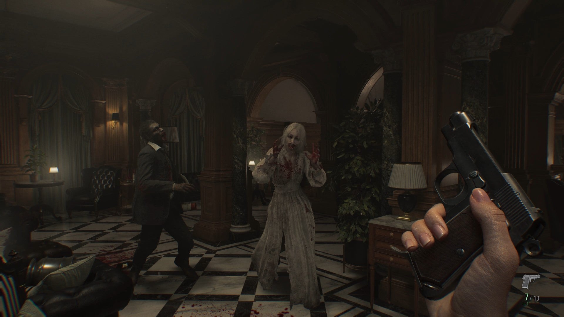 A singer-turned-zombie charges at Grace as she reloads in Resident Evil Requiem. - 4