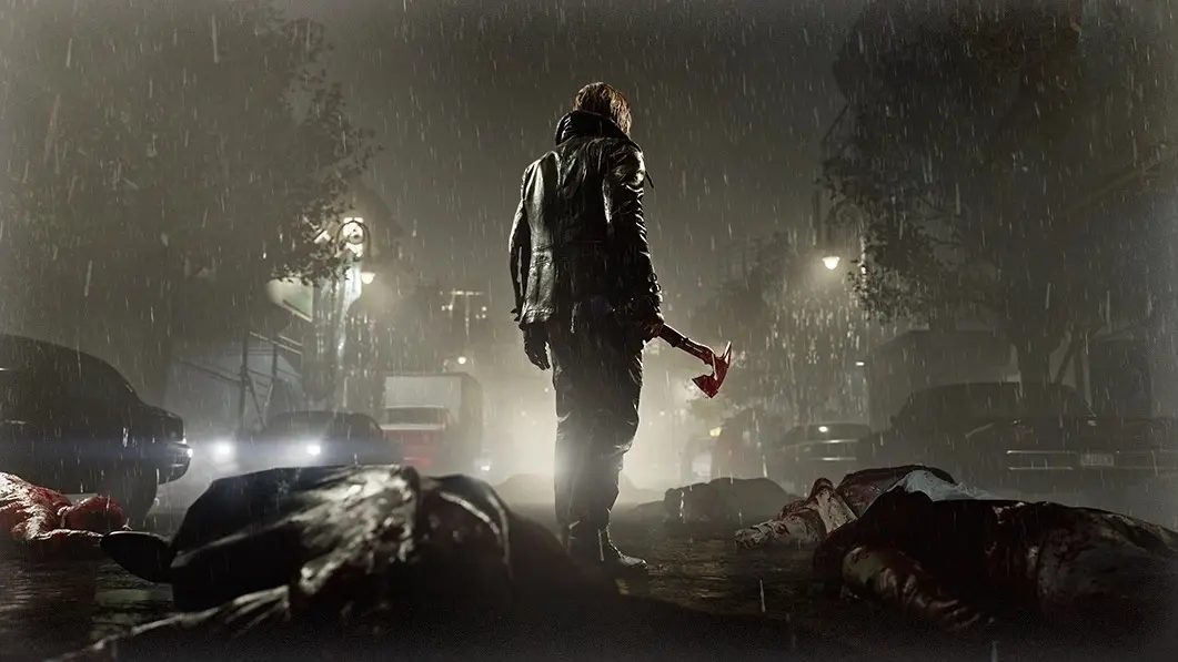 Screenshot z Resident Evil Requiem ukazující záda Leona stojícího na deštěm promočené ulici s těly kolem něj. Drží sekeru.