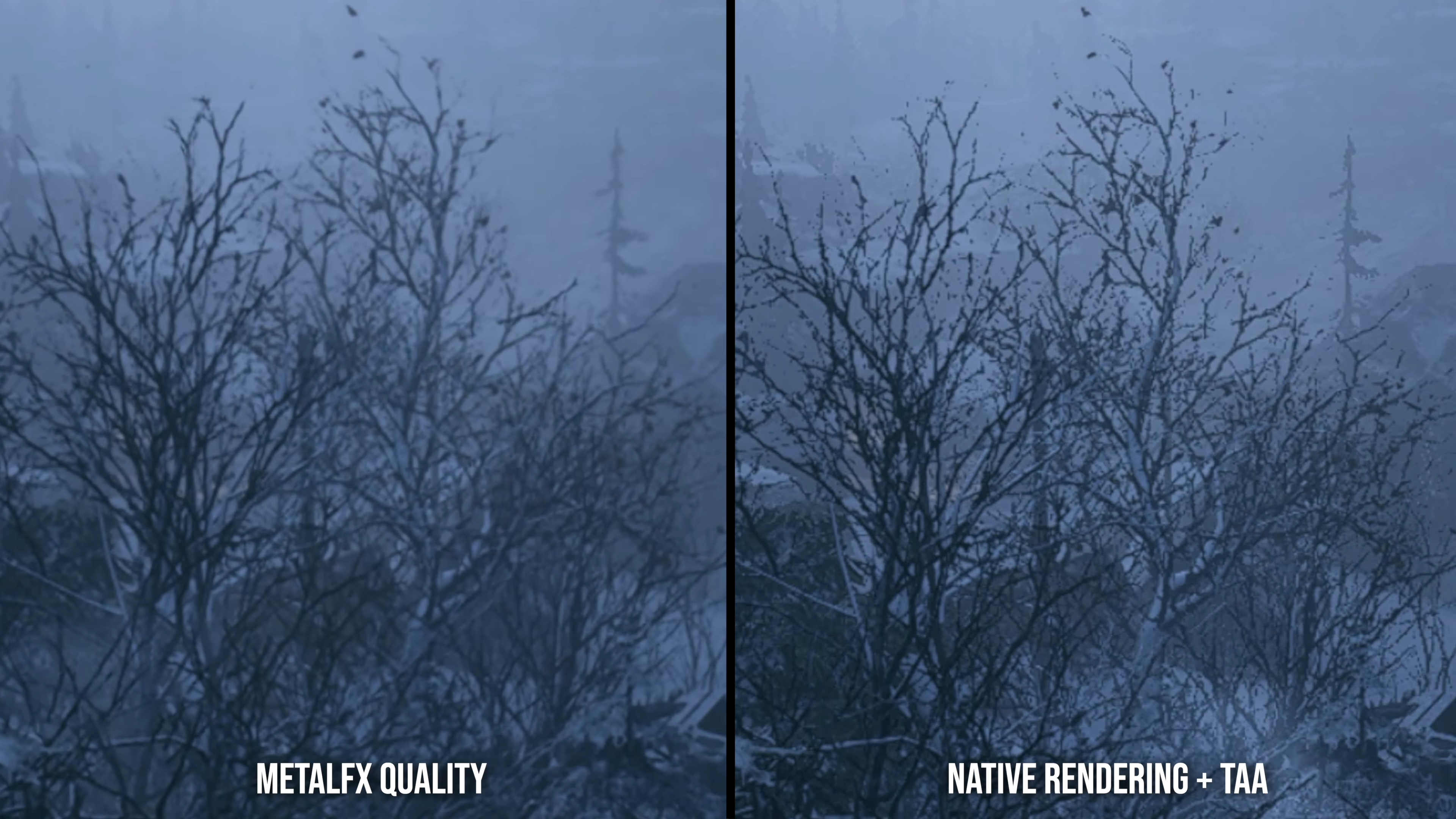 Native res + TAA vs MetalFX quality comparison, showing improved quality in the MetalFX image