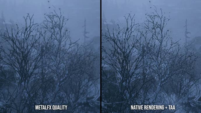 Native res + TAA vs MetalFX quality comparison, showing improved quality in the MetalFX image