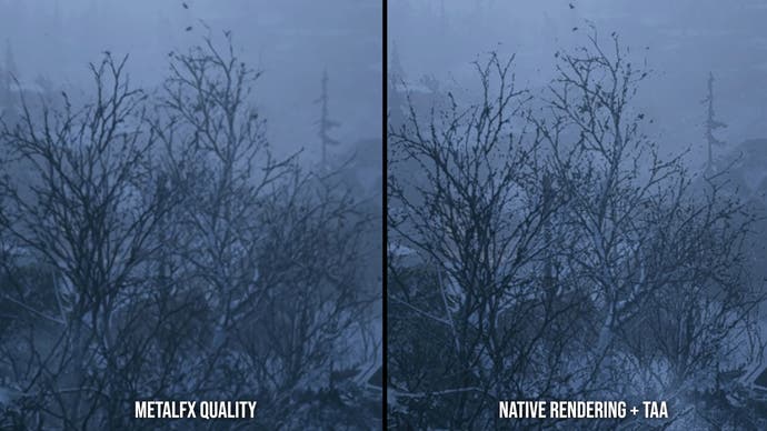 Native res + TAA vs MetalFX quality comparison, showing improved quality in the MetalFX image
